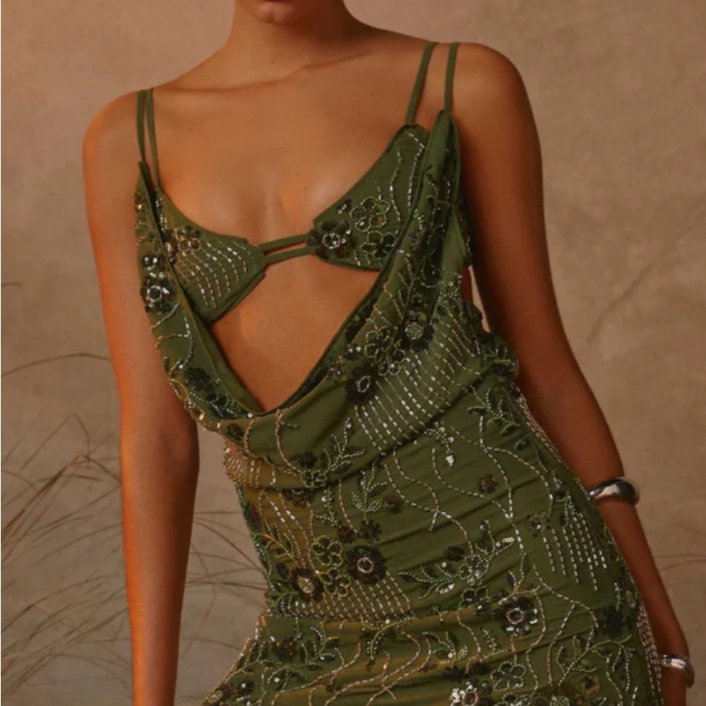 Peppermayo Olive Green Beaded Backless Slip Dress